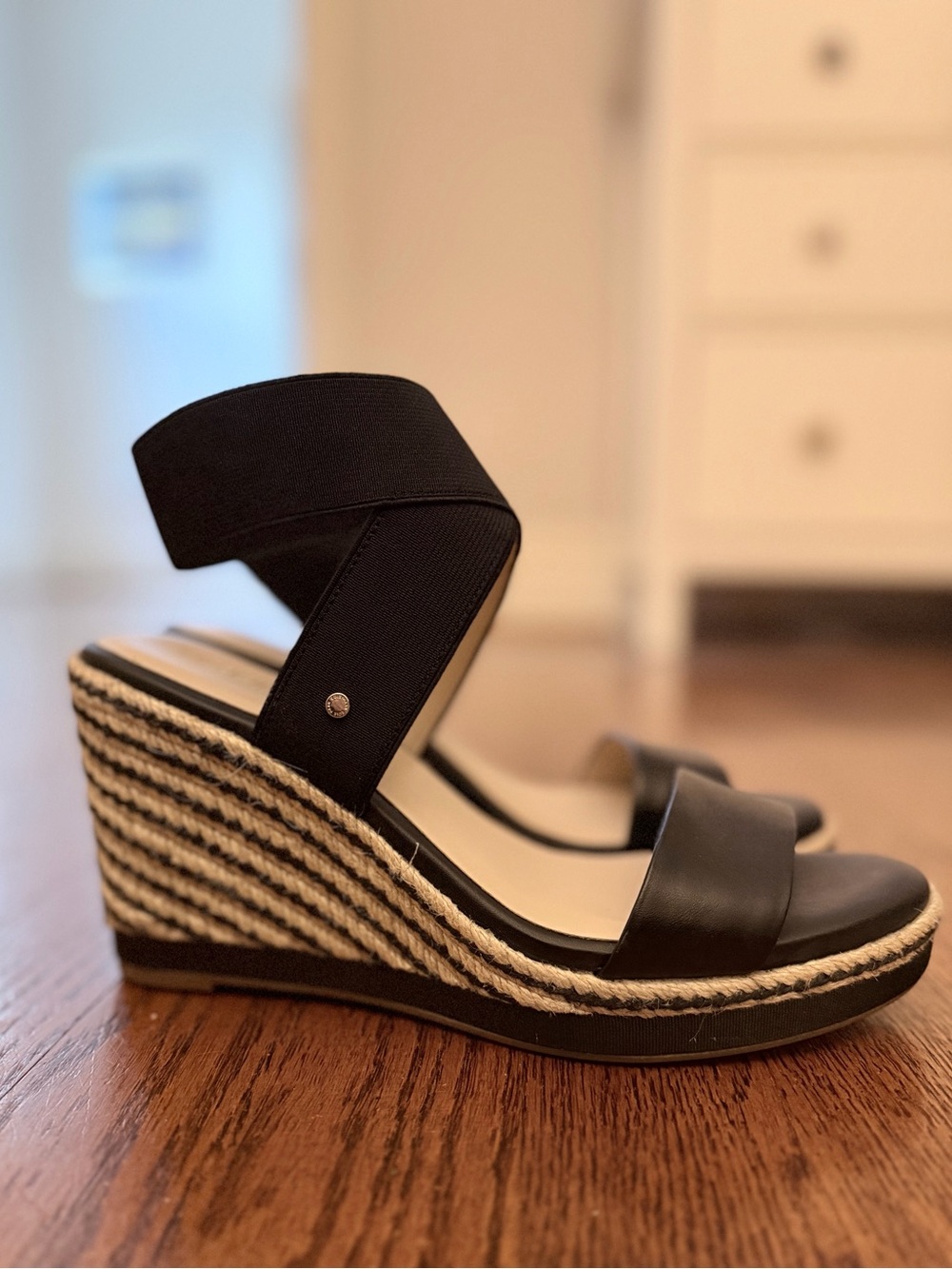 Cole Haan Black Espadrille Wedge Sandals with Elastic Ankle Wrap - Picture 2 of 7